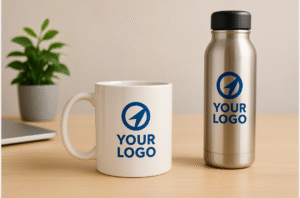 White ceramic mug and stainless steel water bottle with custom logo on a wooden desk, ideal for corporate drinkware gifts in Singapore.