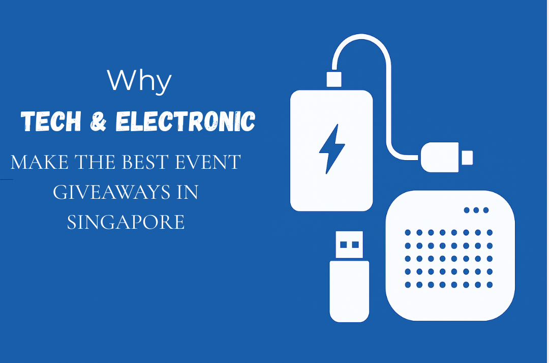 Flat 2D illustration of Tech Corporate Gifts Singapore, including power banks, Bluetooth speakers, USB drives, and wireless chargers.