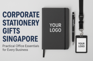 Corporate stationery gifts Singapore banner featuring a customised notebook, pen, and ID card holder with lanyard, highlighting practical office essentials for businesses.