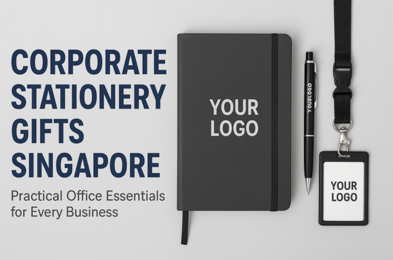 Corporate stationery gifts Singapore banner featuring a customised notebook, pen, and ID card holder with lanyard, highlighting practical office essentials for businesses.