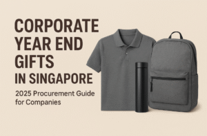 Corporate year end gifts Singapore banner featuring a grey polo shirt, black thermal flask, and grey backpack with the title “Corporate Year End Gifts in Singapore – 2025 Procurement Guide for Companies.”