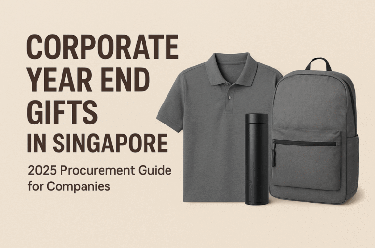 Corporate year end gifts Singapore banner featuring a grey polo shirt, black thermal flask, and grey backpack with the title “Corporate Year End Gifts in Singapore – 2025 Procurement Guide for Companies.”