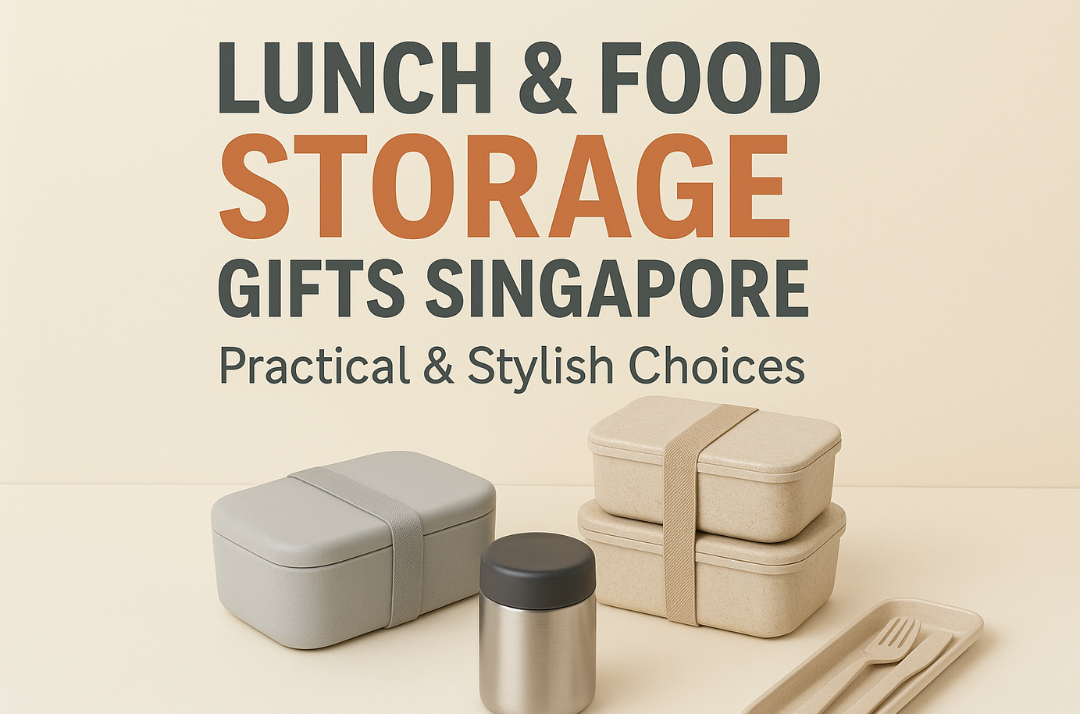 Lunch and food storage gifts Singapore – featuring a grey lunch box, beige stackable containers, an insulated food jar, and eco-friendly cutlery set displayed on a neutral background with the text “Lunch & Food Storage Gifts Singapore – Practical & Stylish Choices.