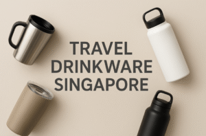 travel drinkware singapore - stainless steel and reusable bottles, tumblers, and mugs arranged on a beige background, showcasing modern corporate gift design