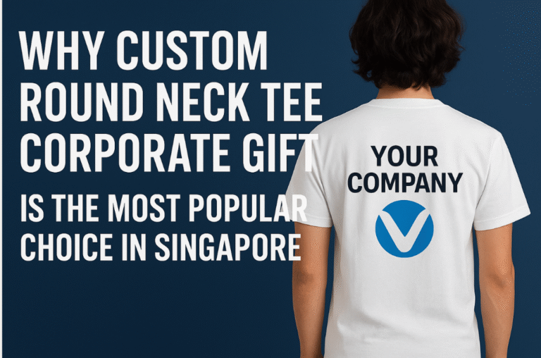 Custom round neck tee corporate gift banner showing a person wearing a branded white t-shirt with company logo, promoting popularity in Singapore.