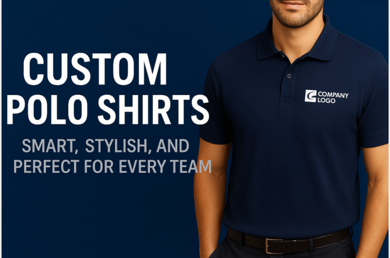 Custom polo shirt Singapore banner showing a man wearing a navy blue polo shirt with company logo and the text ‘Custom Polo Shirts – Smart, Stylish, and Perfect for Every Team’ on a blue background.