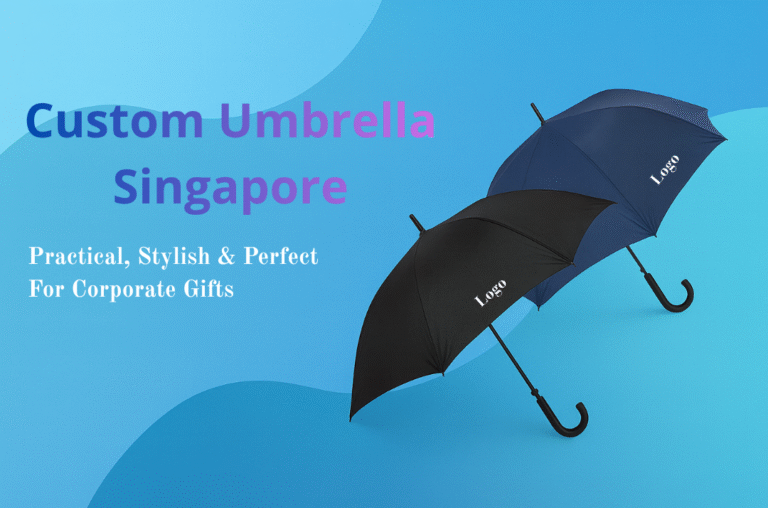 Promotional custom umbrella Singapore in solid colors displayed against a bright blue background for corporate gifting.