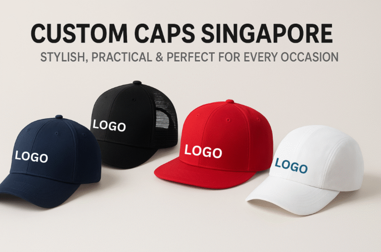 Four custom caps Singapore in different styles and colours—navy baseball cap, black trucker cap, red snapback cap, and white sports cap—displayed in a clean landscape layout for corporate gifting in Singapore.