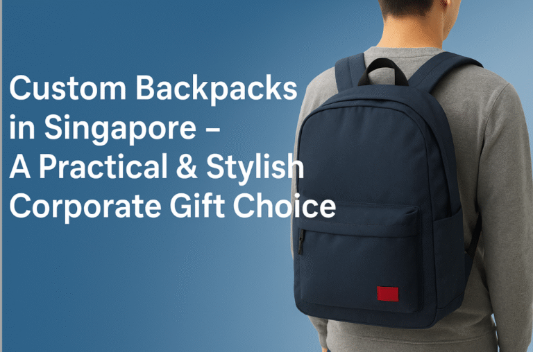 Landscape banner showing a person wearing a navy-blue custom backpack, with the text “Custom Backpacks in Singapore – A Practical & Stylish Corporate Gift Choice” on a blue gradient background.