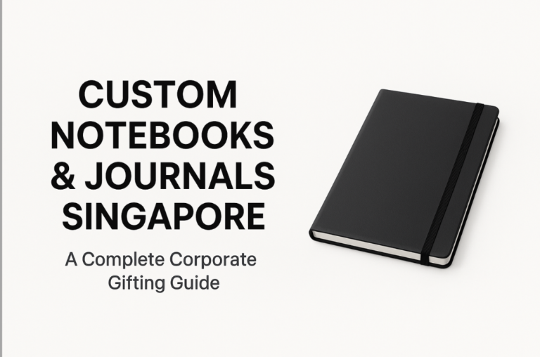 Clean corporate banner featuring a black hardcover notebook on a white background with the title ‘Custom Notebooks & Journals Singapore – A Complete Corporate Gifting Guide’