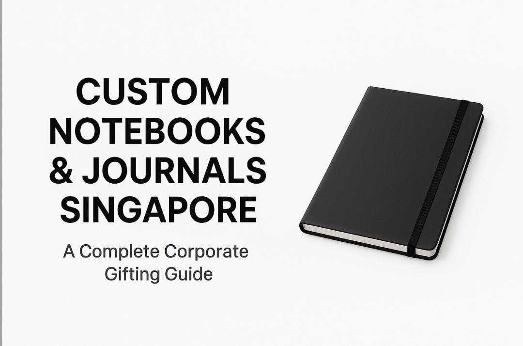 Clean corporate banner featuring a black hardcover notebook on a white background with the title ‘Custom Notebooks & Journals Singapore – A Complete Corporate Gifting Guide’