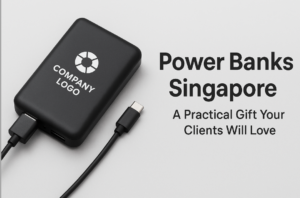 Landscape banner showing a black corporate power bank Singapore with a white company logo, connected to USB-A and USB-C cables, on a light grey background. Text overlay reads 'Power Bank Singapore – A Practical Gift Your Clients Will Love'. Modern, clean, and professional design for corporate gifting.