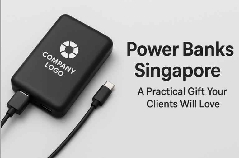 Landscape banner showing a black corporate power bank Singapore with a white company logo, connected to USB-A and USB-C cables, on a light grey background. Text overlay reads 'Power Bank Singapore – A Practical Gift Your Clients Will Love'. Modern, clean, and professional design for corporate gifting.
