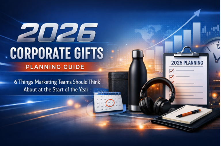 2026 Corporate Gifts Planning Guide banner showing 6 key things marketing teams should consider, featuring corporate gifts like a notebook, headphones, water bottle, calendar, and checklist, with a cityscape, world map, and graph background in a professional and dynamic design.