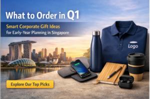 Landscape banner showing Singapore skyline with corporate gifts including navy polo shirt, insulated water bottle, smartphone on wireless charger, bamboo notebook with pen, reusable coffee cup, and wireless earbuds. Text overlay: 'What to Order in Q1 – Smart Corporate Gift Ideas for Early-Year Planning in Singapore'.