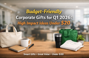 Budget-friendly corporate gifts under $20 for Q1 2026, including tote bag, ceramic mug, tumbler, and T-shirt on an office desk, promoting smart, high-impact gift ideas for Singapore businesses.