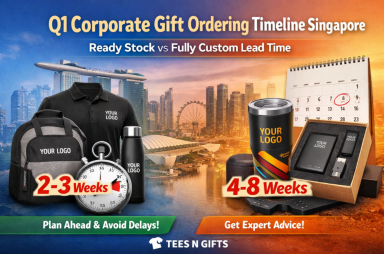 Q1 corporate gift ordering timeline Singapore, comparing Ready Stock (2–3 weeks) and Fully Custom (4–8 weeks) products. Left side shows ready stock items including polo shirt, backpack, and water bottle with stopwatch icon; right side shows fully custom items including tumbler, power bank, and USB set with calendar icon. Singapore skyline background, with headline text and call-to-action banners: "Plan Ahead & Avoid Delays!" and "Get Expert Advice!".