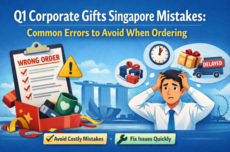 Q1 corporate gifts Singapore mistakes illustration showing wrong gift orders, delayed delivery, and ordering errors