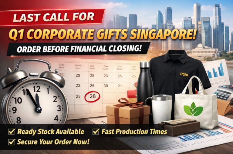 Last call Q1 corporate gifts Singapore banner with alarm clock, calendar marked 28 February, corporate polo shirt, stainless steel bottle, mug, eco tote bag and gift boxes with Singapore skyline background.