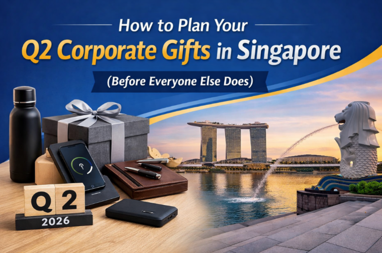 Banner for blog 'How to Plan Your Q2 Corporate Gifts in Singapore (Before Everyone Else Does)'. Features corporate gifts including a water bottle, notebook, pen, power bank, and a wrapped gift box on a desk, with the Singapore skyline and Merlion in the background. Text overlay: 'Plan Your Q2 Corporate Gifts Early'.