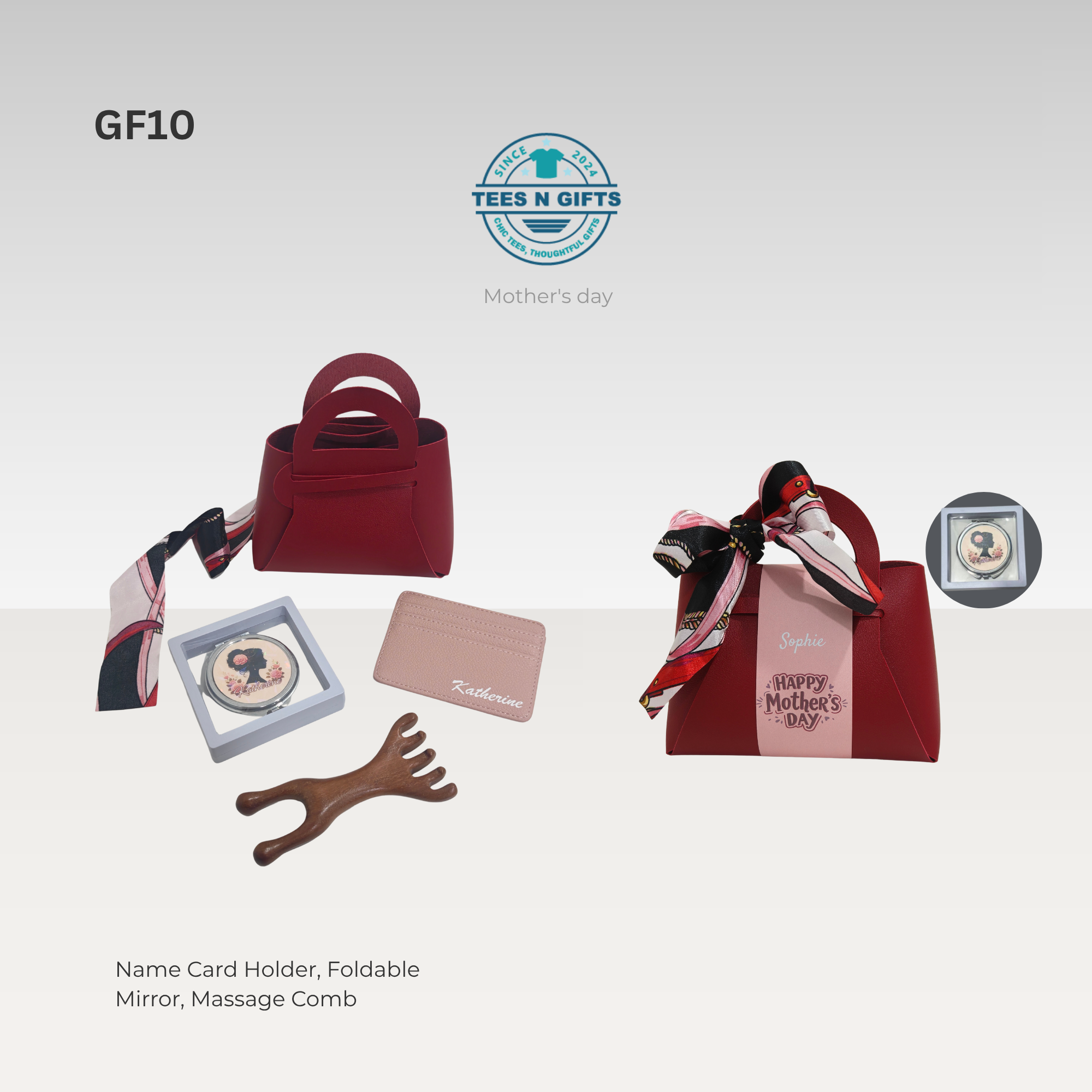 personalised card holder massage comb foldable mirror gift set