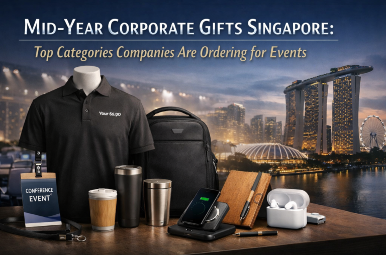 Mid-year corporate gifts Singapore banner featuring apparel, bags, drinkware, tech accessories and eco-friendly corporate gifts for events