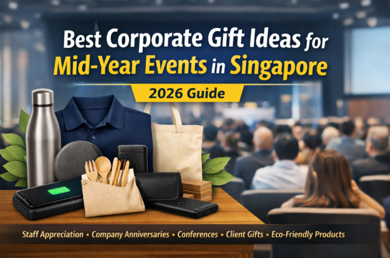 Mid year corporate gifts Singapore 2026 banner showing corporate gift ideas such as water bottle, polo shirt, tote bag, power bank and eco-friendly cutlery for company events
