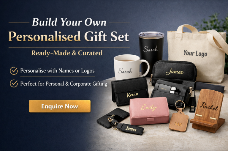 Promotional banner showcasing personalised gift sets Singapore, featuring curated items like card holders, mugs, tumblers, tote bags, and keychains, personalised with names or logos. Includes text “Build Your Own Personalised Gift Set – Ready-Made & Curated” and highlights suitability for personal and corporate gifting.