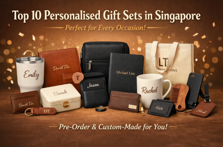 Personalised gift sets Singapore pre-order banner showing custom tumbler, card holder, notebook, jewellery box and tote bag for corporate gifts and bulk orders