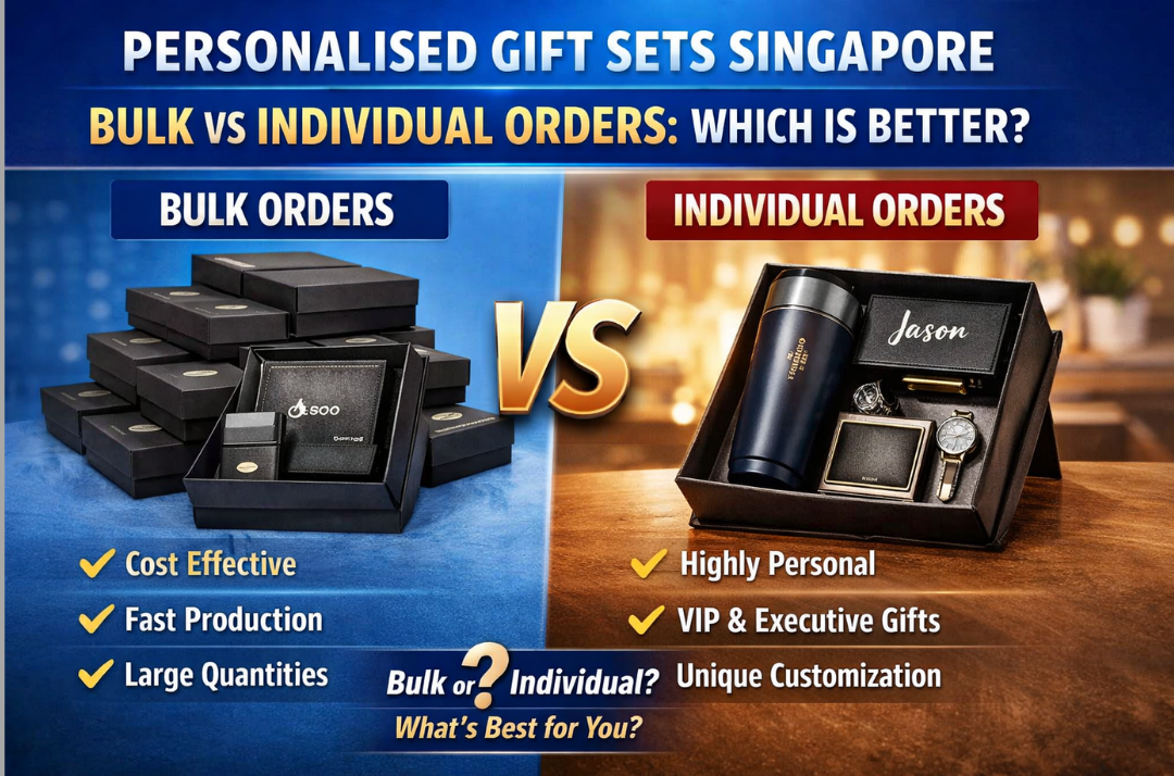 EDM banner showing personalised gift sets in Singapore with a comparison between bulk orders and individual orders. Left side shows stacked identical gift boxes for bulk orders with benefits: cost-effective, fast production, large quantities. Right side shows a personalised gift set including tumbler, card holder, watch, and jewellery box with recipient name 'Jason', highlighting high personalisation, VIP gifts, and unique customization. Banner includes text 'Personalised Gift Sets Singapore', 'Bulk vs Individual Orders: Which is Better?', and company branding 'Tees N Gifts | https://teesngifts.com