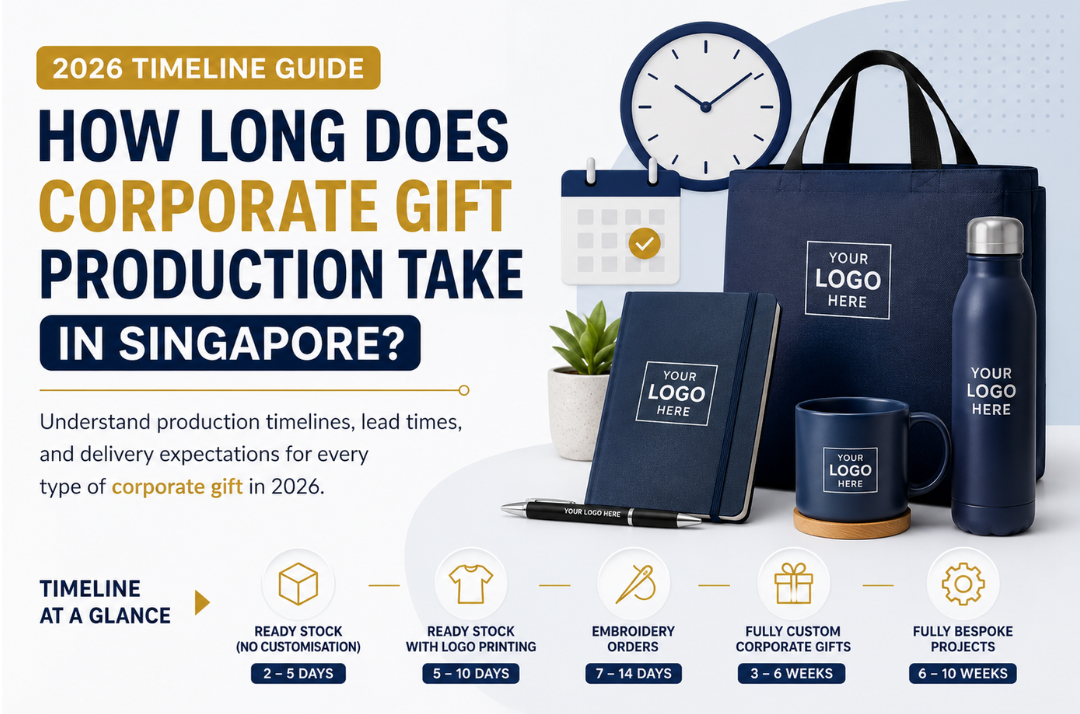 Corporate gift production timeline Singapore 2026 banner featuring branded promotional products including tote bag, notebook, mug, bottle and timeline guide for ready stock, logo printing, embroidery and custom corporate gifts.