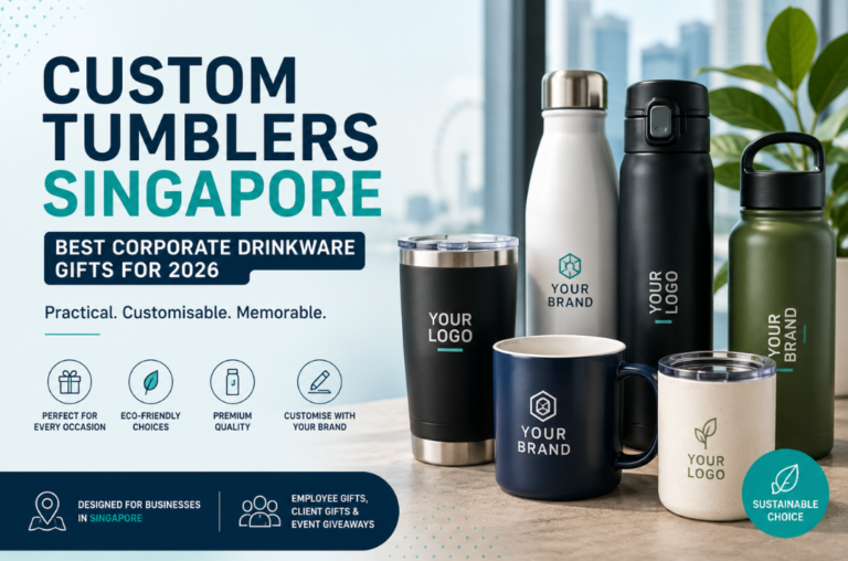 Custom stainless steel tumblers and corporate drinkware gifts displayed on office table in Singapore for branding and employee appreciation campaigns.