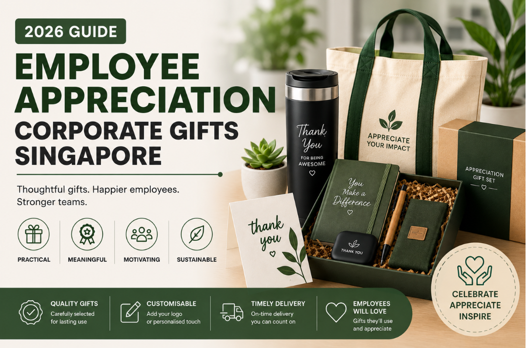 Employee appreciation corporate gifts Singapore including tumblers, tech gadgets, bags and customised gift sets for staff recognition in 2026.