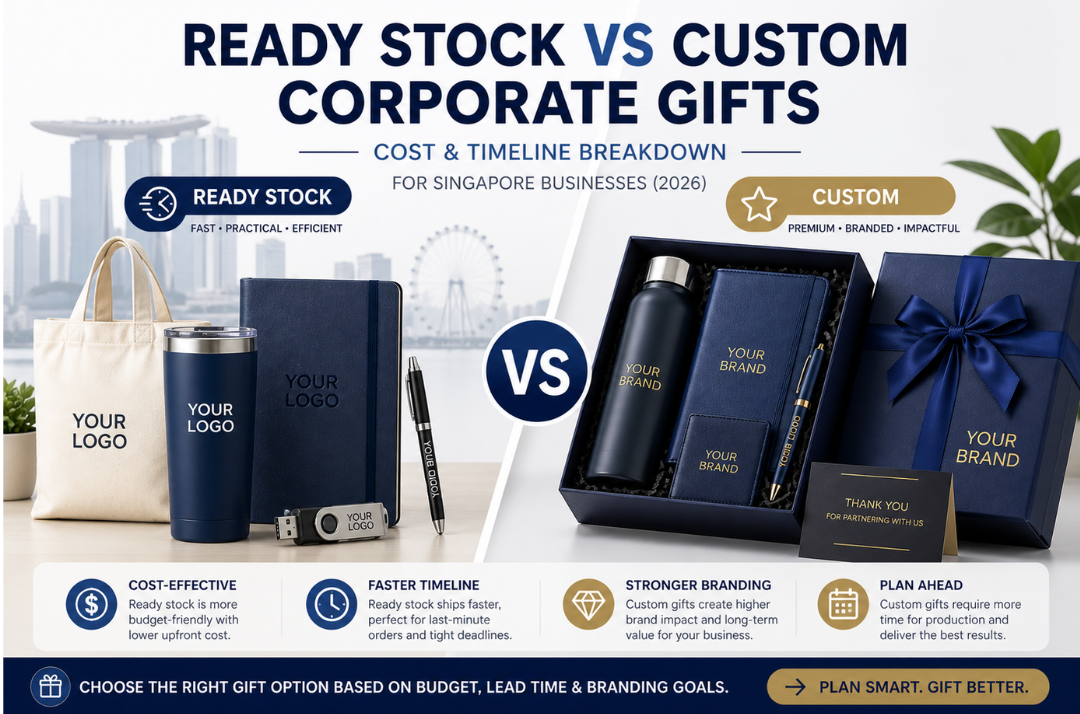 Ready stock vs custom corporate gifts Singapore banner showing budget promotional items compared with premium branded gift sets for business gifting.