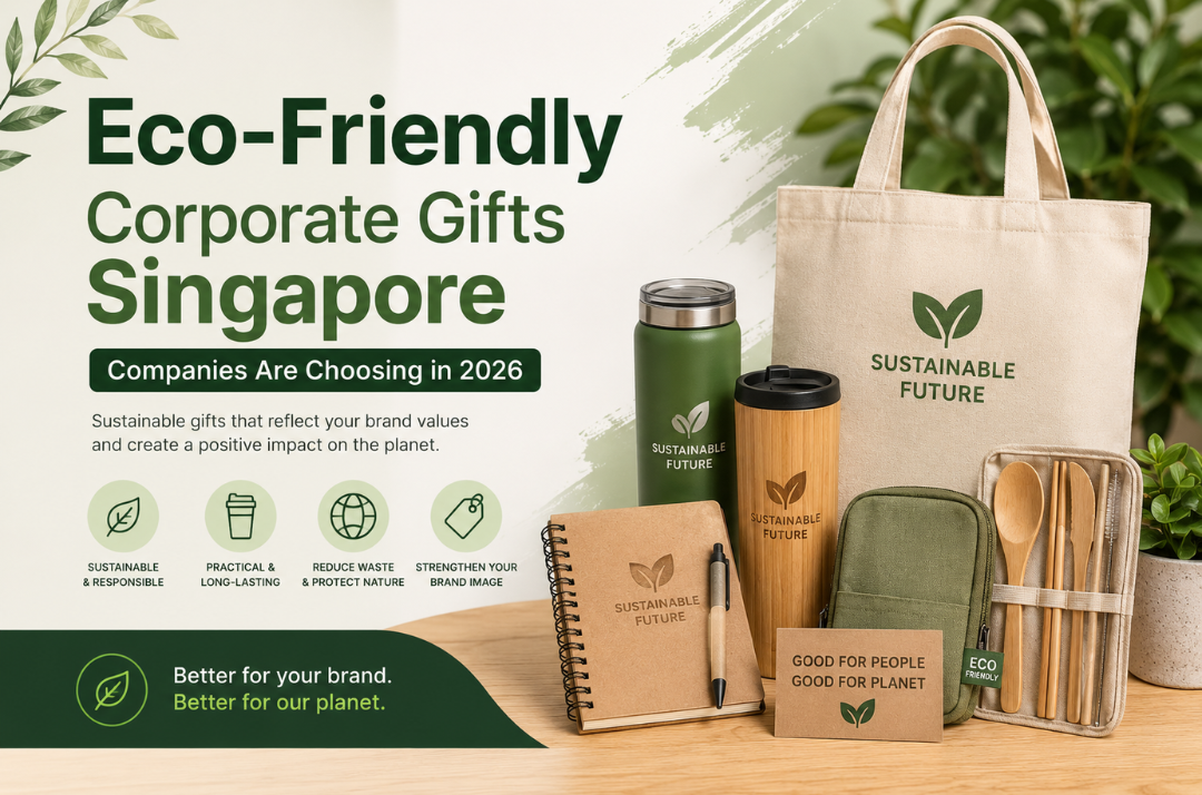 Eco-friendly corporate gifts in Singapore featuring reusable tote bag, stainless steel tumbler, bamboo travel mug, recycled notebook, eco stationery, reusable cutlery set and sustainable gift accessories for corporate branding and events in 2026.