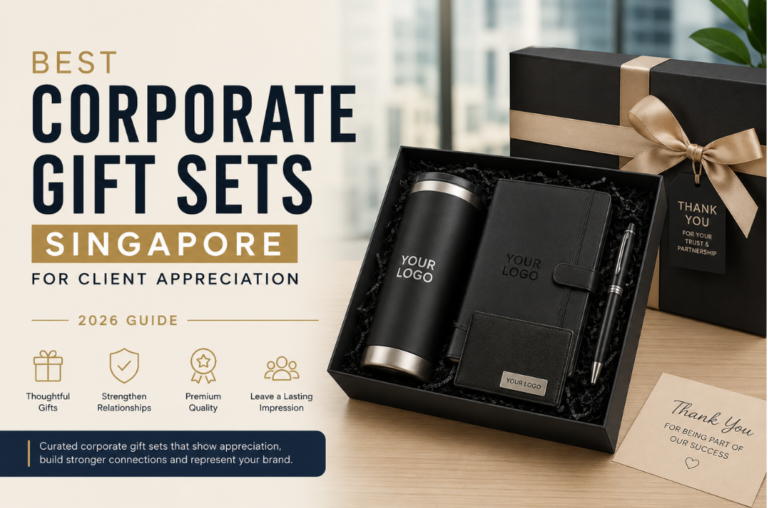 Corporate gift sets Singapore featuring customised tumbler, notebook, card holder and premium gift box for client appreciation, corporate events and business gifting in 2026.