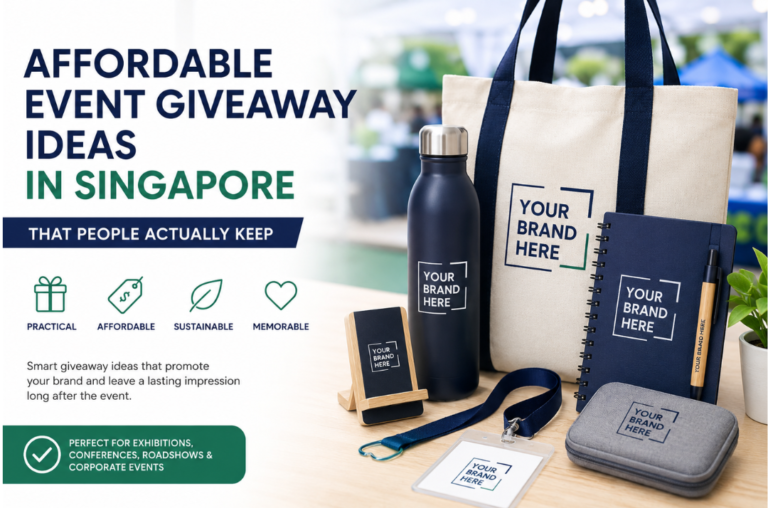 Affordable Event Giveaway Ideas Singapore – custom promotional gifts including tote bag, tumbler, notebook and event giveaways for corporate events