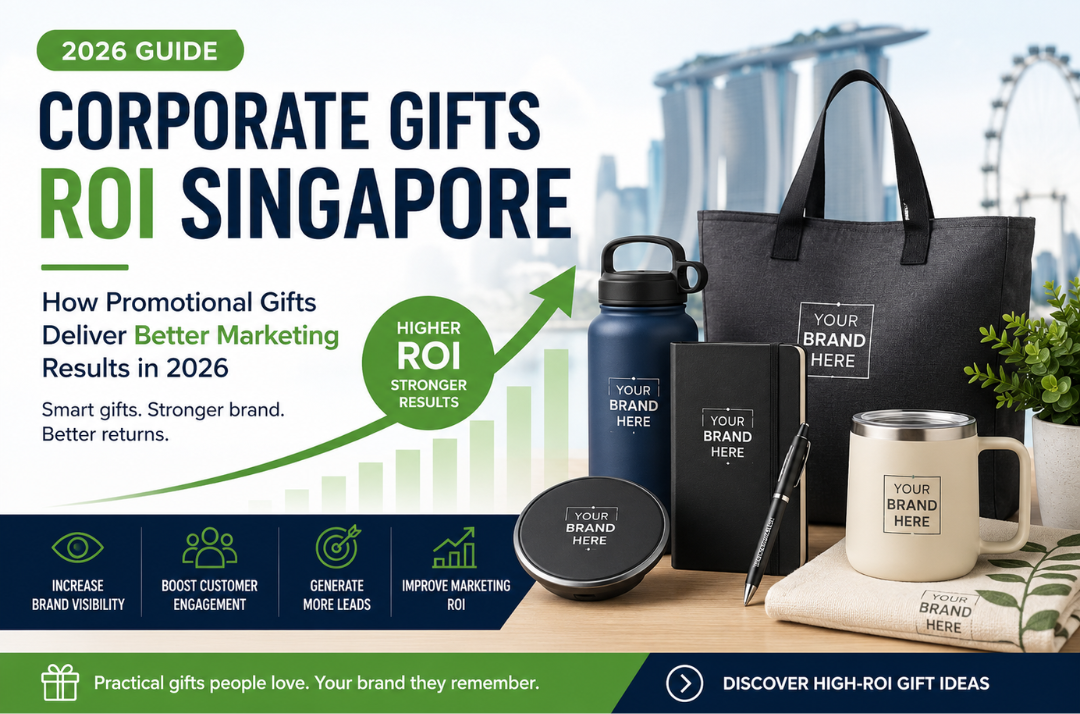 Corporate Gifts ROI Singapore – Promotional gifts including tote bags, tumblers, notebooks and tech accessories that improve marketing ROI in 2026