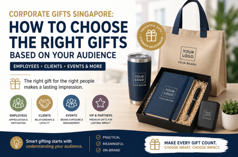 Corporate Gifts Singapore guide showing how to choose the right corporate gifts for employees, clients, VIPs and events with branded bags, tumbler, notebook and gift set.