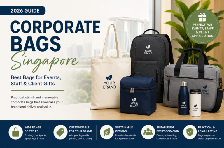 Corporate Bags Singapore 2026 guide showcasing custom tote bags, backpacks, laptop bags and travel bags for corporate events, staff appreciation and client gifting.