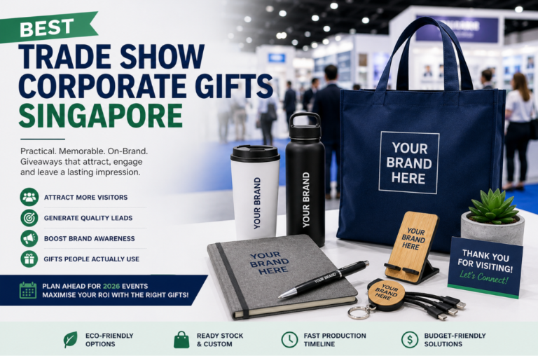 Trade show corporate gifts Singapore including custom tote bags, tumblers, notebooks and promotional giveaways for exhibitions and business events.