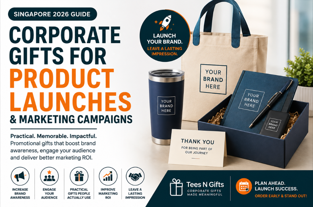 Corporate gifts for product launches in Singapore featuring branded tote bags, tumblers, premium gift sets, notebooks and promotional merchandise for marketing campaigns, brand awareness and corporate events.