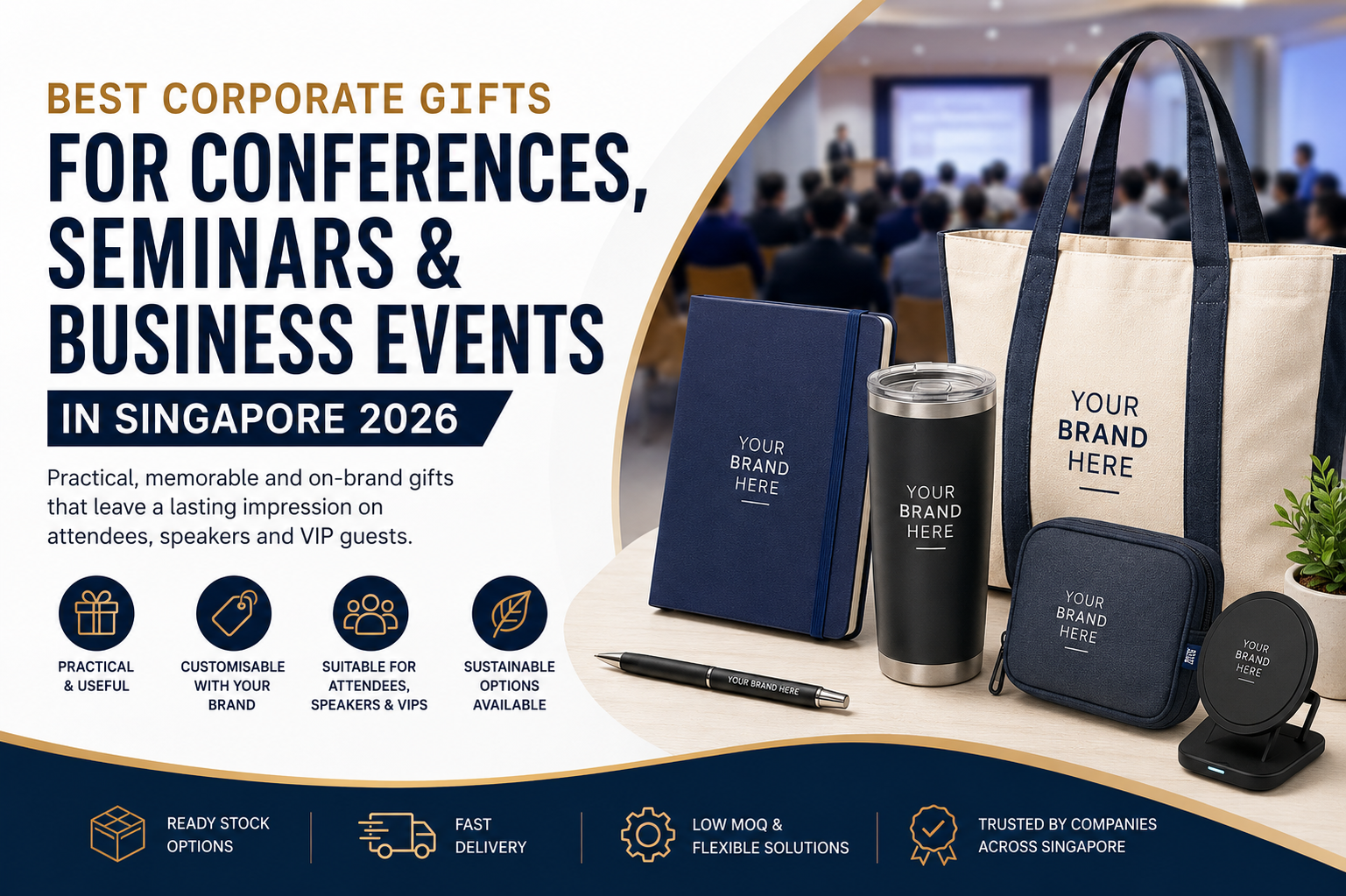 Best corporate gifts for conferences, seminars and business events in Singapore, featuring branded notebooks, tumblers, tote bags, tech accessories and sustainable corporate gifts.