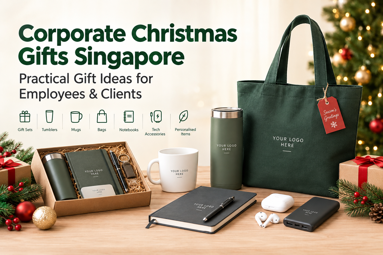 Corporate Christmas gifts Singapore featuring branded gift sets, tumblers, mugs, bags, notebooks and tech accessories for employees and clients.