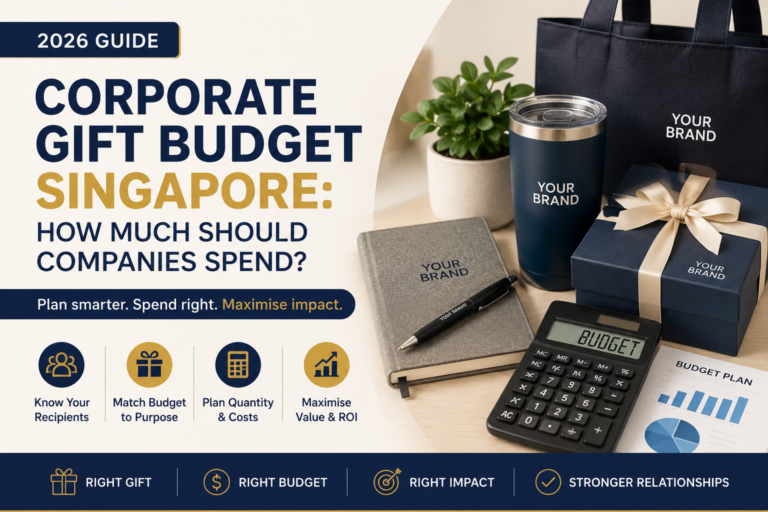 Corporate Gift Budget Singapore guide featuring branded corporate gifts, a tumbler, gift box, tote bag, notebook and calculator for planning the right corporate gift budget in 2026.