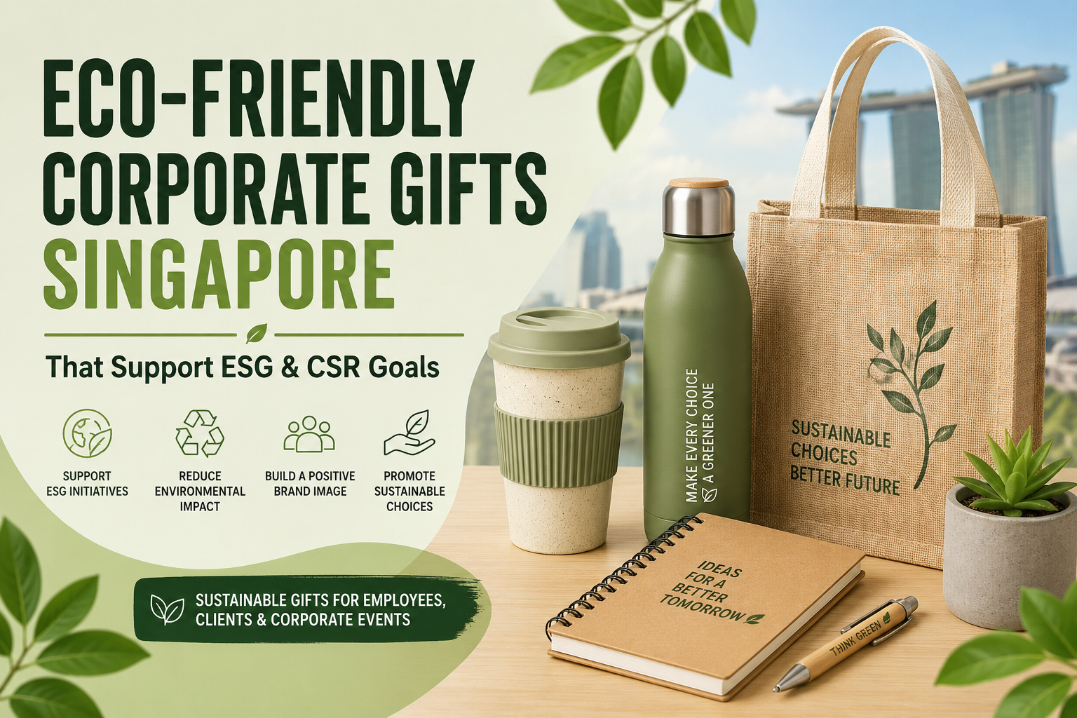 Eco-friendly corporate gifts in Singapore featuring a reusable tumbler, water bottle, jute tote bag, recycled notebook and bamboo pen to support ESG and CSR goals.