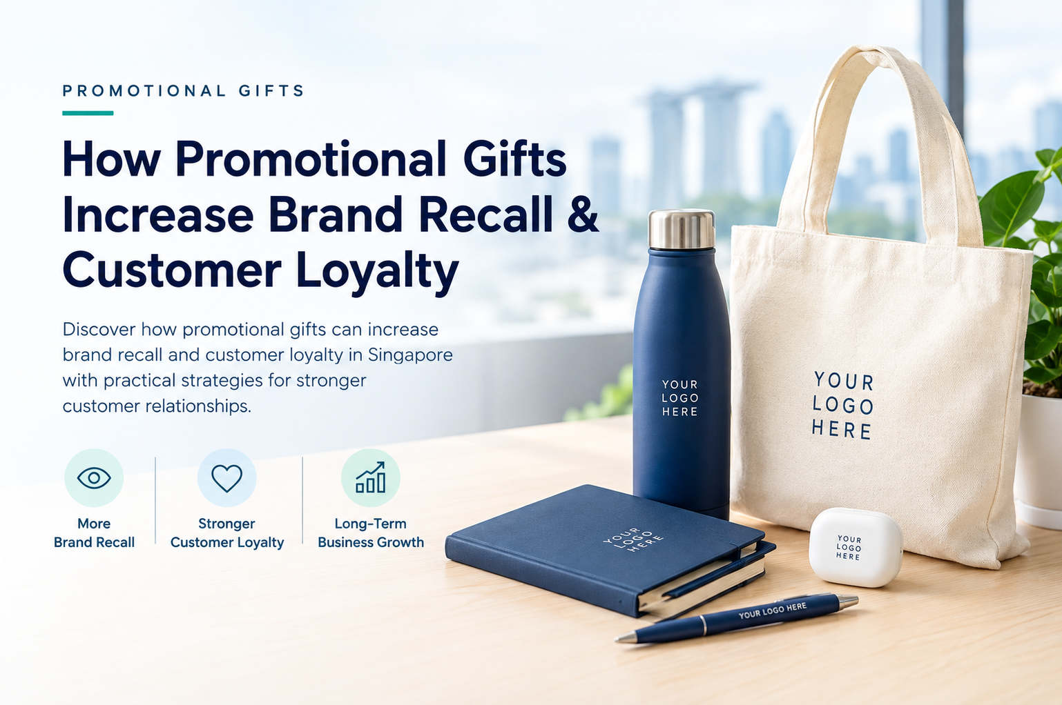 Promotional gifts for brand recall and customer loyalty in Singapore, featuring a branded tumbler, tote bag, notebook and tech accessories