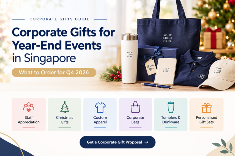 Corporate gifts for year-end events in Singapore, including branded tumblers, bags, apparel and gift sets for Q4 2026